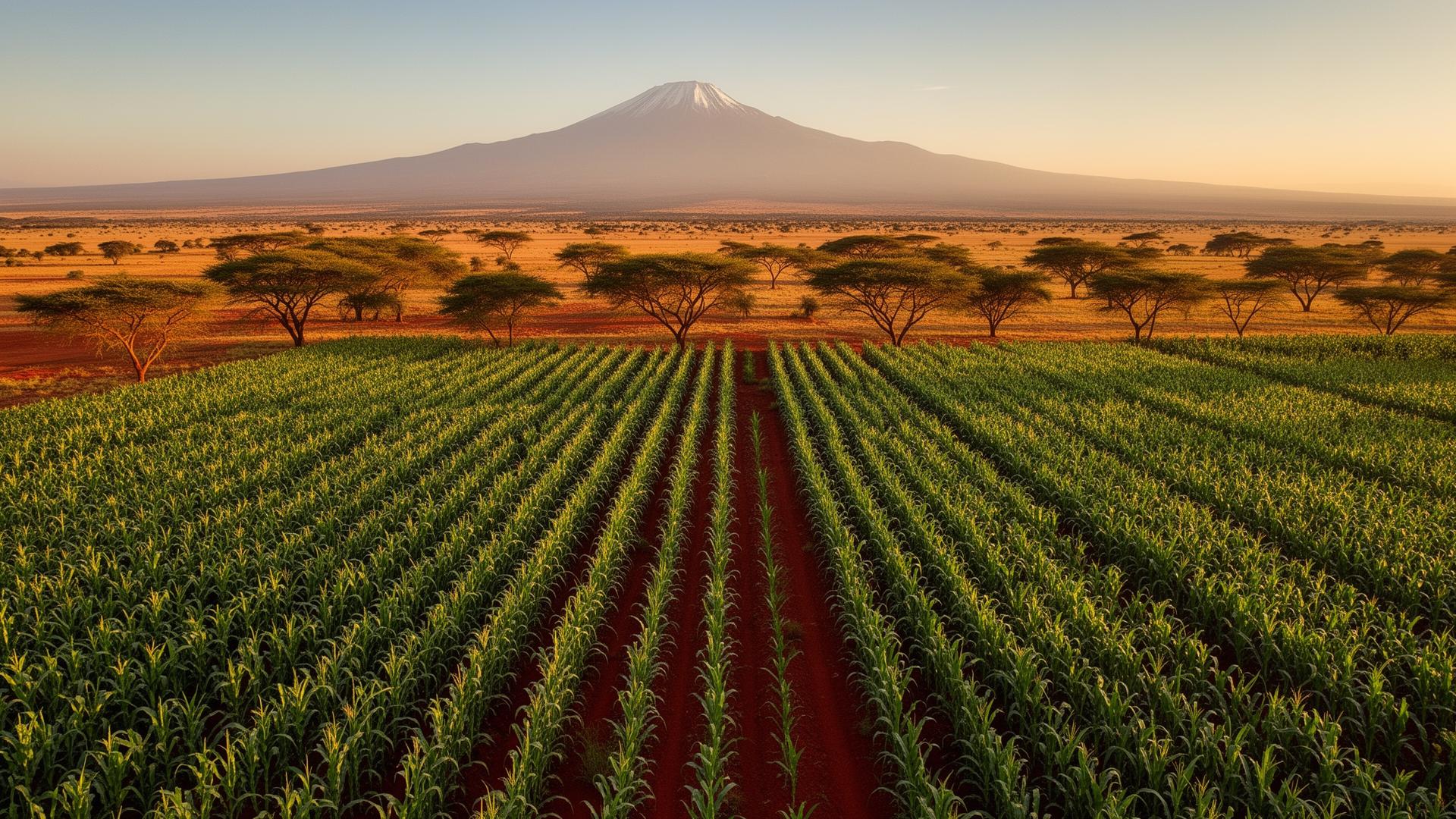Kenyan maize farm at sunrise with Mount Kenya in the distance
