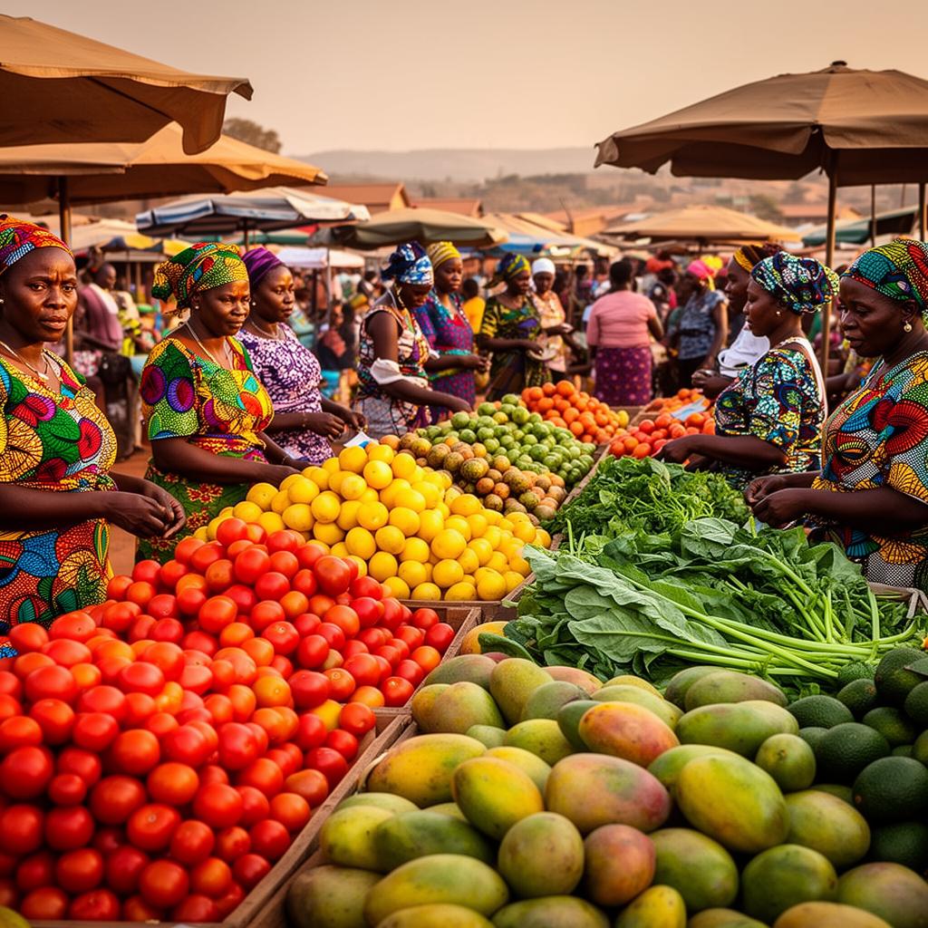 Vibrant Kenyan open-air market with tomatoes, mangoes and sukuma wiki